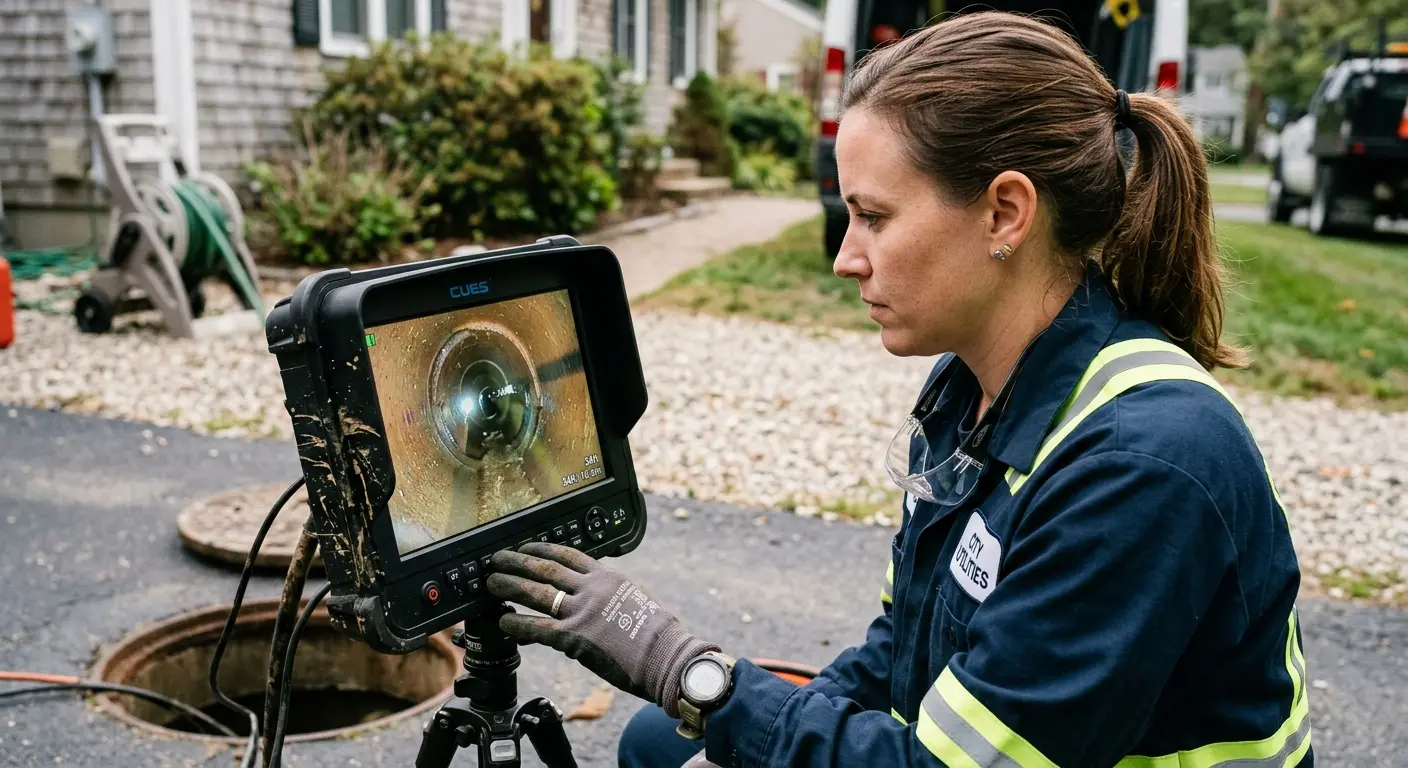 Technician reviewing sewer camera inspection footage in Smyrna