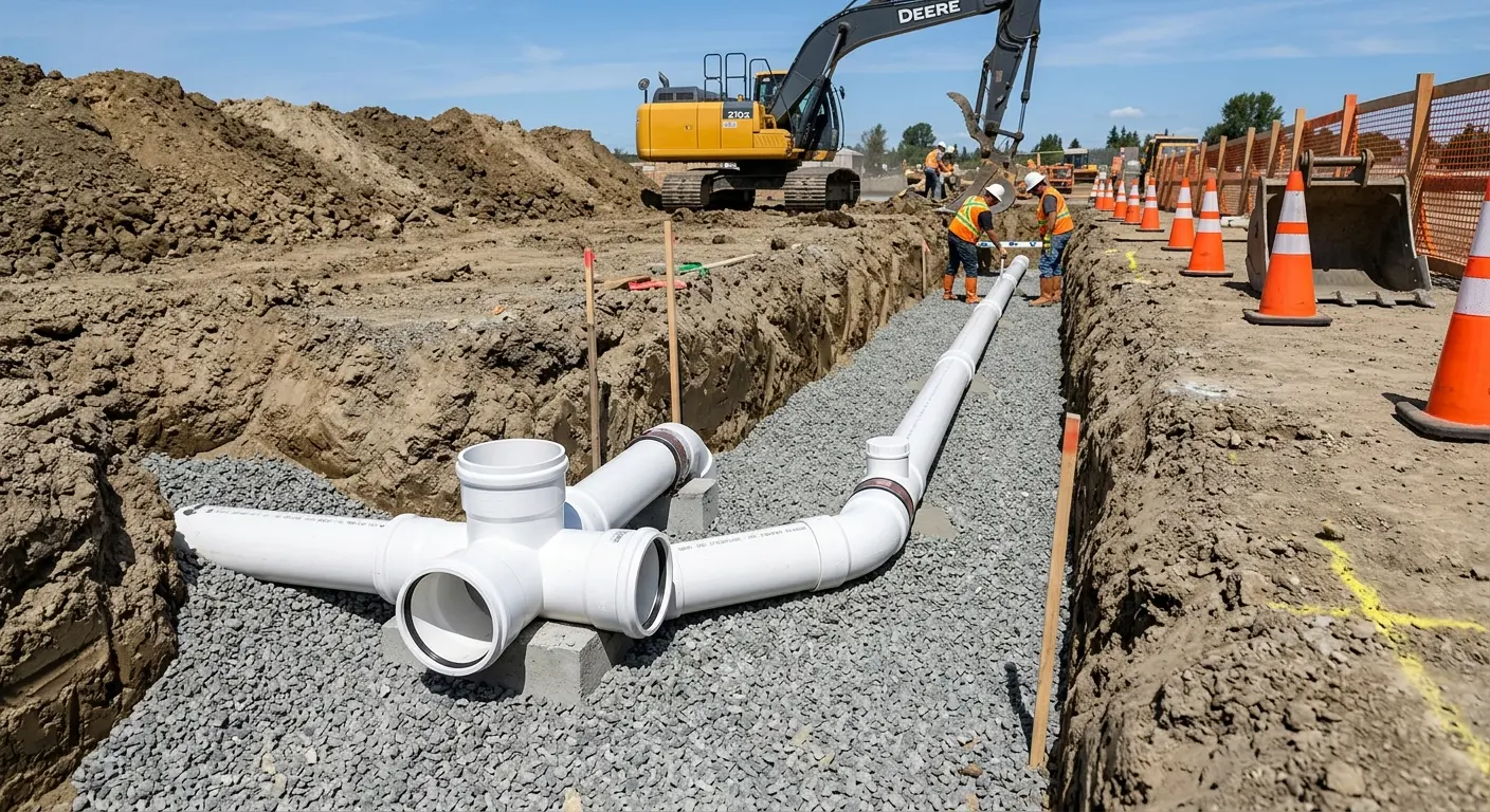 New PVC sewer pipe installation in open trench for Sewer Backup in Smyrna