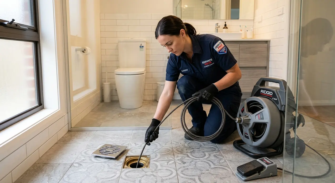 Technician clearing a bathroom floor drain for Drain Cleaning in Smyrna